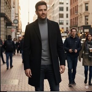 Gobi 100% Mongolian Cashmere Men's Black Wool Coat‎ Single Breasted Size L